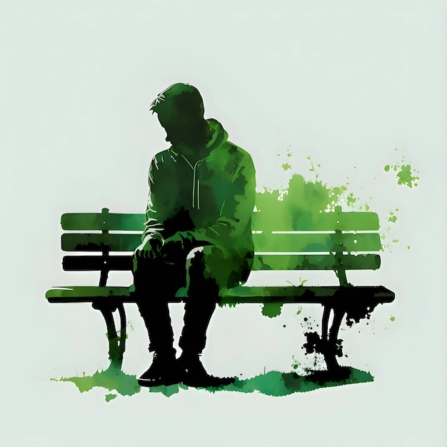 Vector green silhouette of a man on a bench on white background