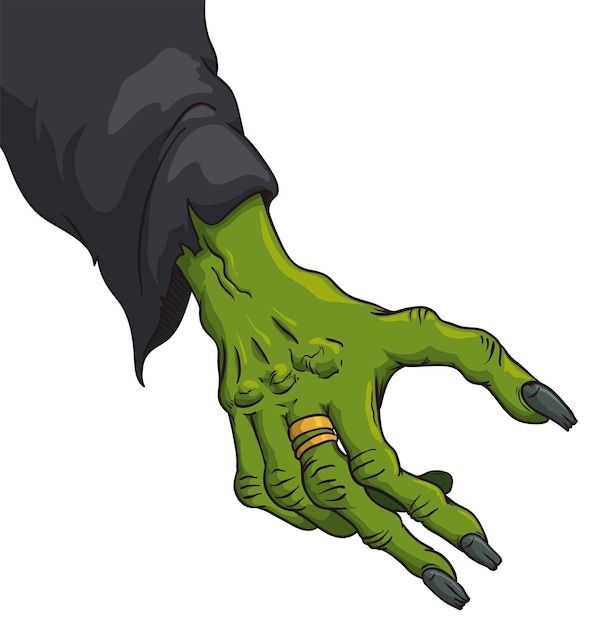 Vector green and skinny witch hand with mystic rings and black tunic isolated over white background