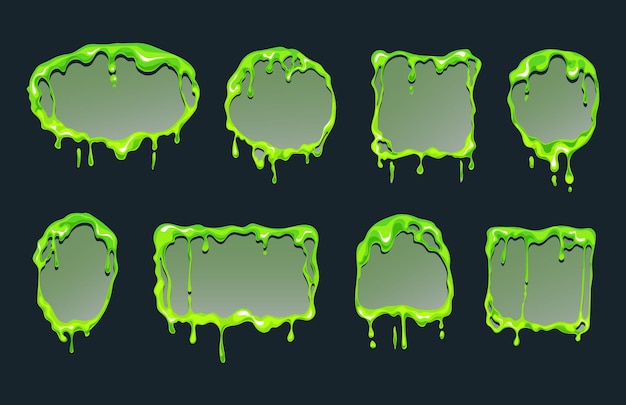 Vector green slime goo flows frames with different shapes mucus fluid cartoon style concept vector graphi