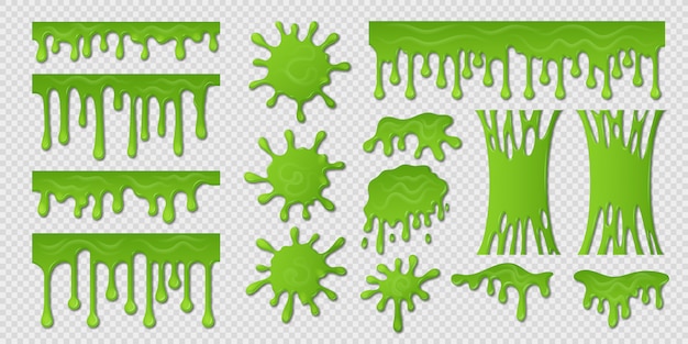 緑のスライム。グーペイント点滴、不気味な液体の境界、有毒な粘着性のある形状が白で隔離。スライムスプラッシュブロブと緑の粘液