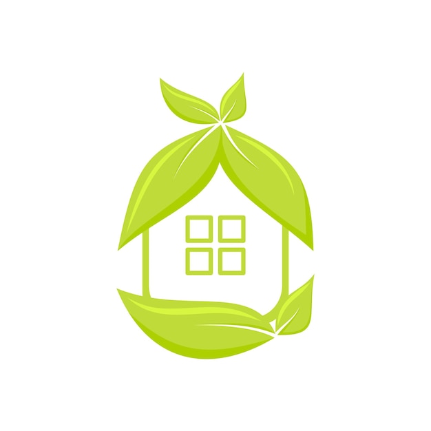 Green smart house natural save planet energy flat modern logo company manufacturing natural things for home interior electronics solar energy zero waste production simple home linear leafy isolated