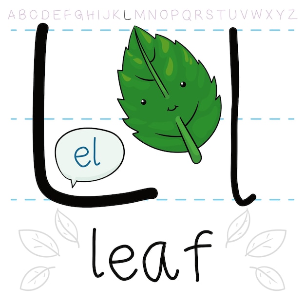 Vector green and smiling leaf learning the alphabet practicing the letter 'l' and its pronunciation