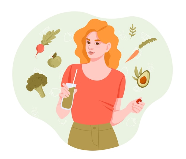 健康的なダイエットコンセプトとしてのグリーンスムージー 女性はブロッコリーリンゴアボカドと胡<unk>豆から飲み物を飲みます
