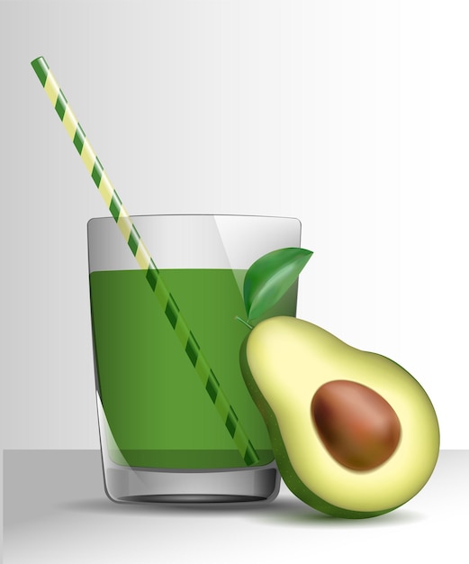 Vettore frullato verde in un barattolo con avocado cocktail sano e realistico alimenti biologici con avocado a metà bella illustrazione vettoriale design 3d per biglietti, brochure, banner