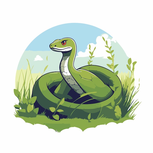 Вектор Зелёная змея в траве векторная иллюстрация змеи из мультфильма