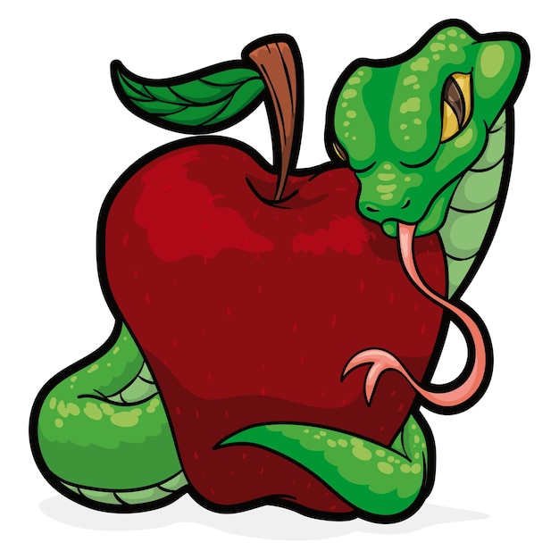 ベクトル 聖書の物語のように赤いリンゴで誘惑する緑の蛇