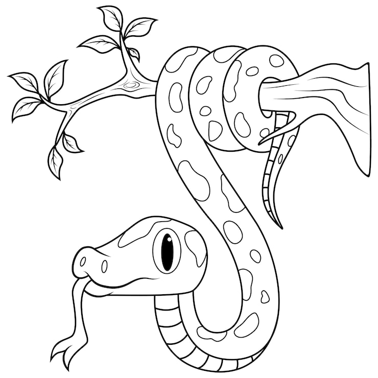 Green snake on tree branch line art
