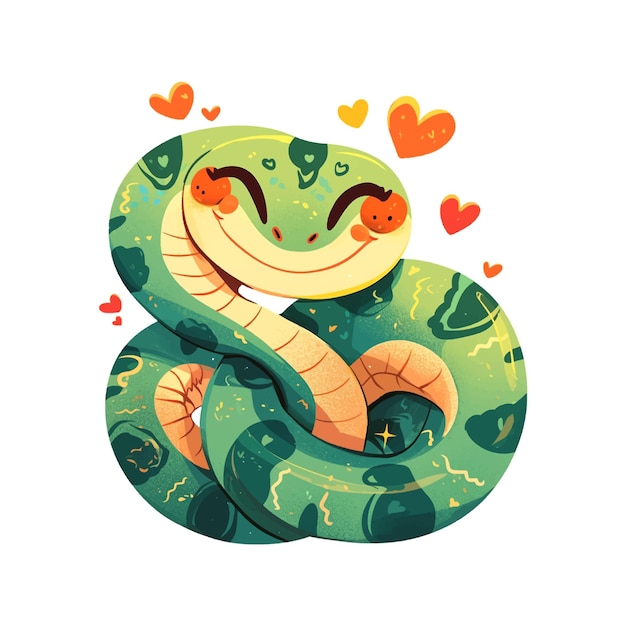 A green snake with a heart on its head and a heart on its tail the snake is smiling and surrounded by hearts