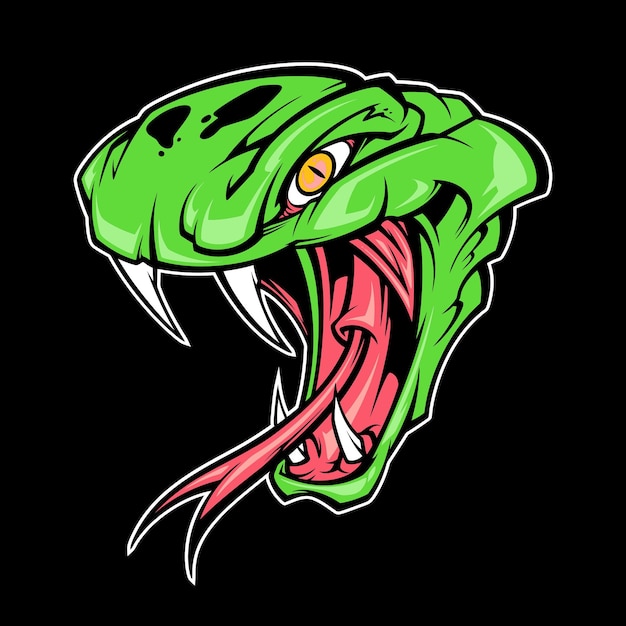 Vettore un serpente verde con una lunga lingua è su uno sfondo nero.