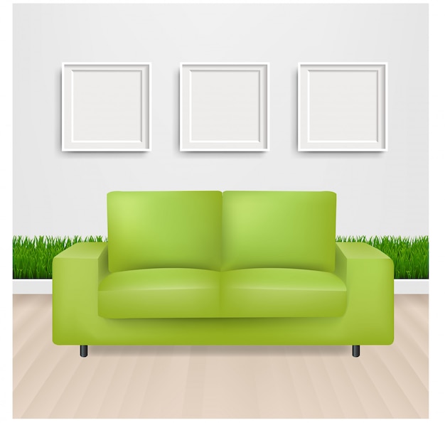 緑のソファベッドと額縁