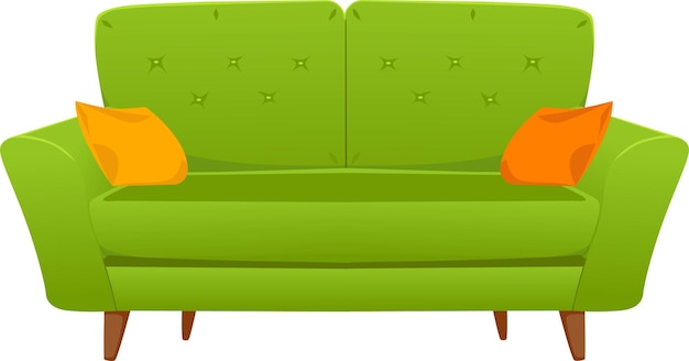 Vector green sofa with yellow and orange pillow isolated background