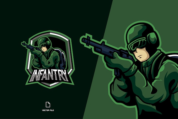 Logo esport della mascotte del soldato verde per l'illustrazione della squadra di gioco