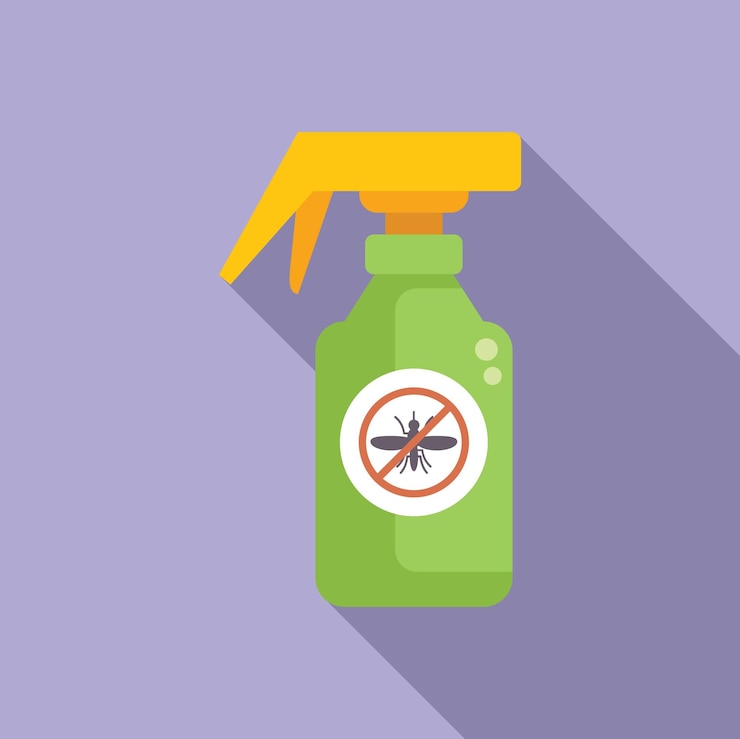 Vector green spray bottle protecting from mosquitoes with stop sign on purple background