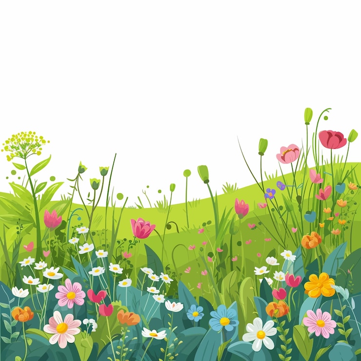 Vector green spring meadow with wildflowers 38