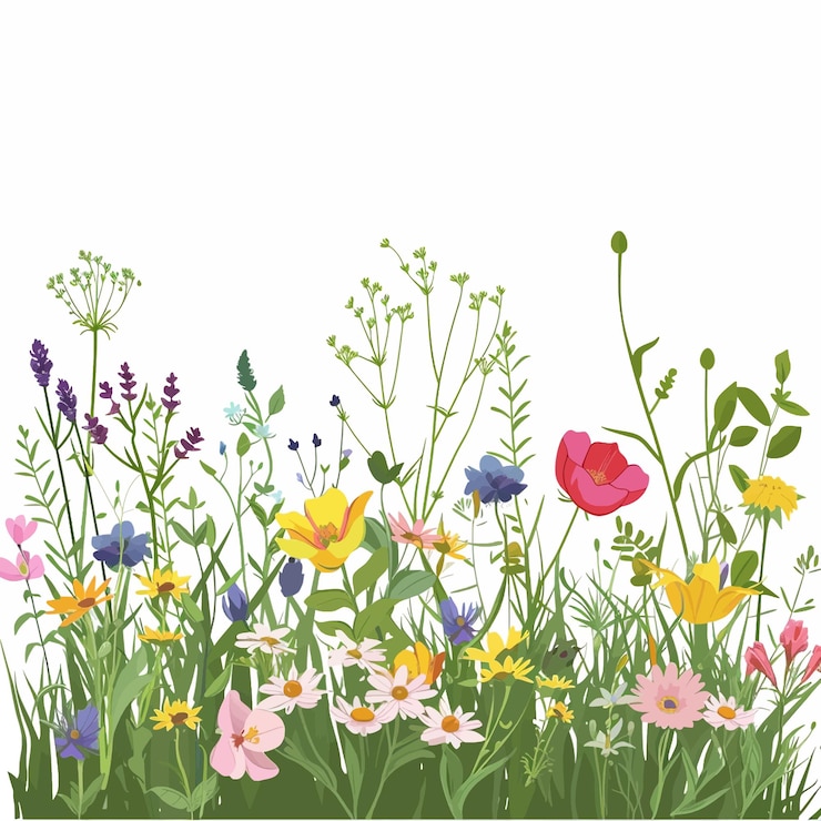 Vector green spring meadow with wildflowers 8