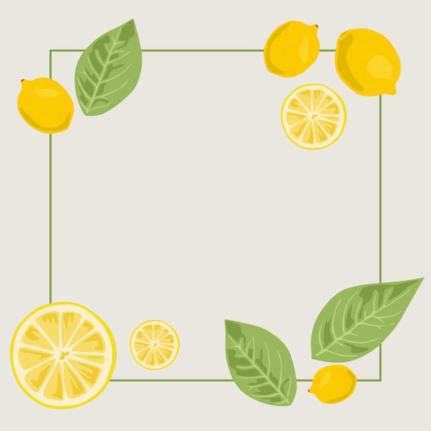 Green square frame with lemons and leaves Modern background