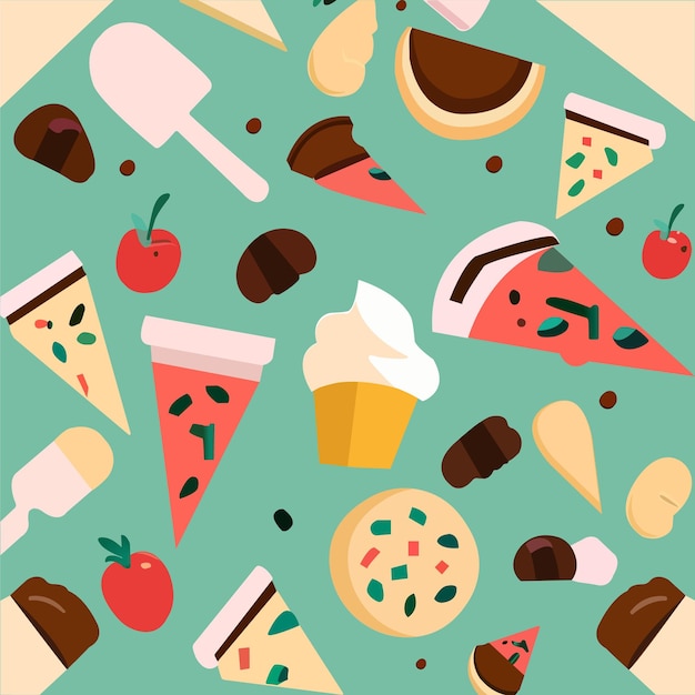 A green square with a pattern of different foods including ice cream and a cupcake