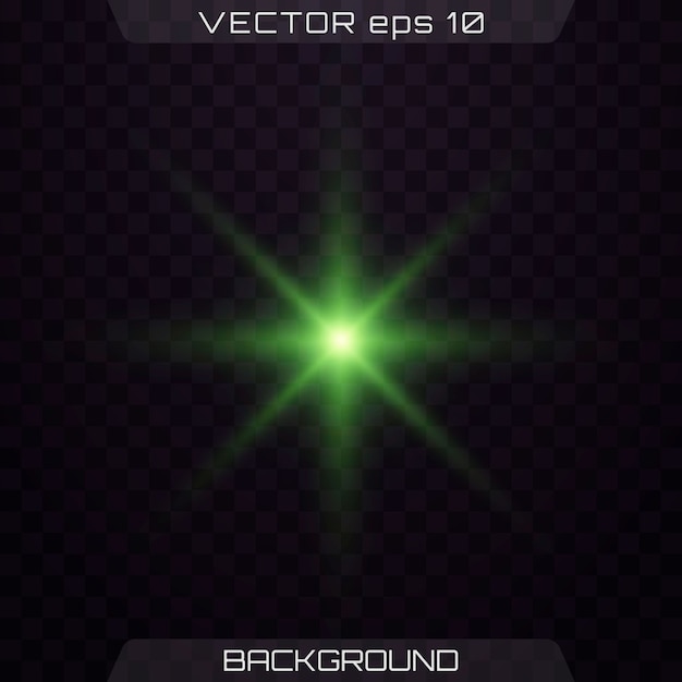 Vector green star with light effect. lens flare, sun flash, spark.