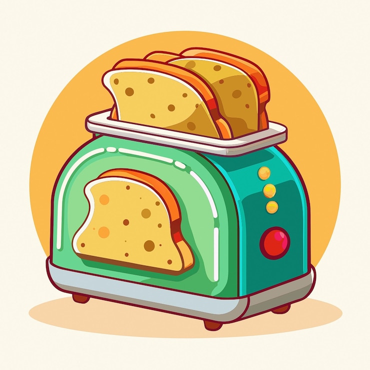 Vector a green stove with cheese on it and a toaster on it