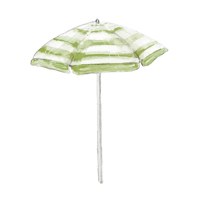 Green striped beach umbrella watercolor hand drawn cute illustration isolated on white background