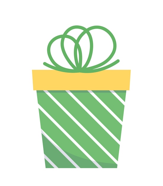 Green striped present with bow Bday gift box Flat cartoon vector