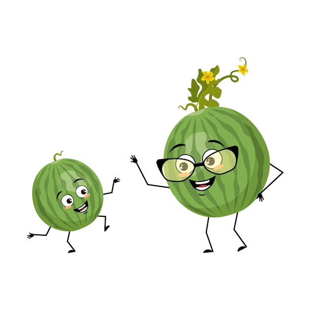 Green striped round watermelon character with happy emotion joyful face Person with expression fruit emoticon Grandmother with glasses and grandson dancing Vector flat illustration