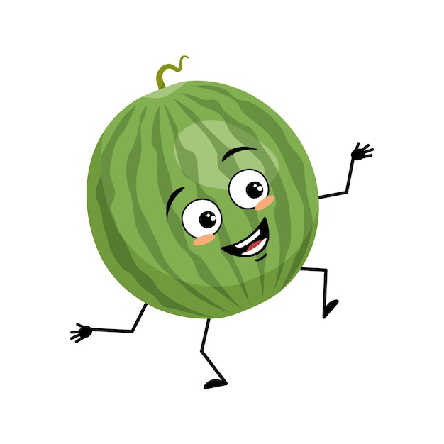 Green striped round watermelon character with happy emotion joyful face smile eyes arms and legs Person with happy expression fruit or berry emoticon Vector flat illustration