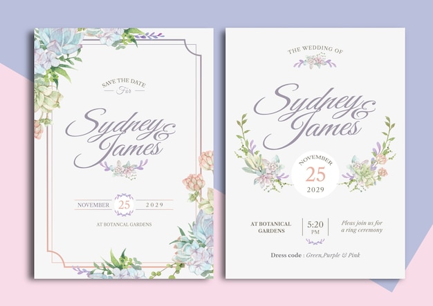 Green succulent floral watercolor illustration wedding invitation card with text layout