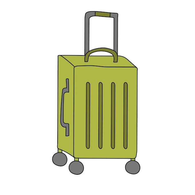 車輪で旅行するための緑のスーツケース漫画のスタイルであなたのデザインのシンプルなアイコン白い背景に