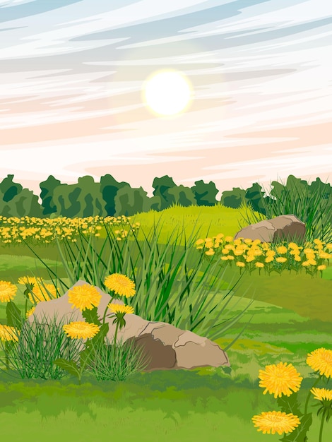 Vector green summer meadow with yellow dandelions realistic vector vertical landscape