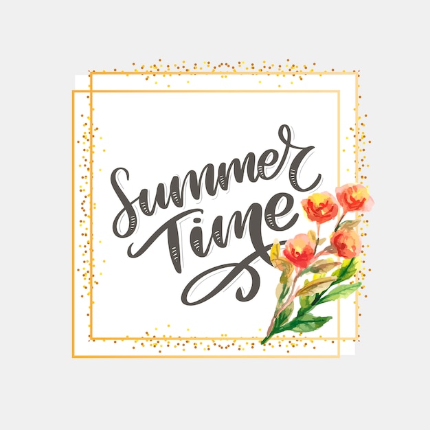 Green summer time letter flowers in modern style on colorful background. greeting invitation  illustration. floral bouquet decoration. decoration element.