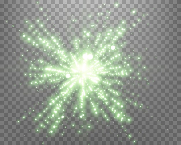 Green sunlight lens flare sun flash with rays and spotlight Glowing burst explosion on a transparent background Vector illustration