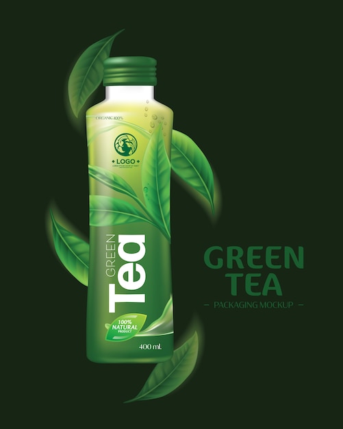 Green tea drink packaging mockup realistische groene theebladeren