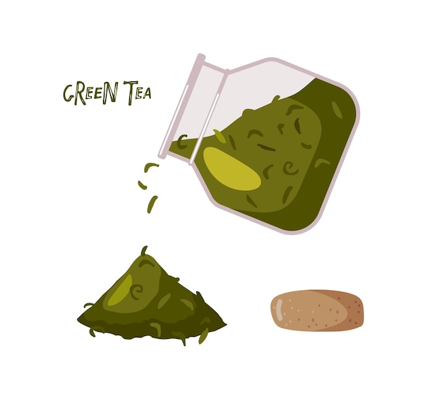 Green tea. dry green tea leaves pour out of open jar, leaves slide, jar stopper. flat vector