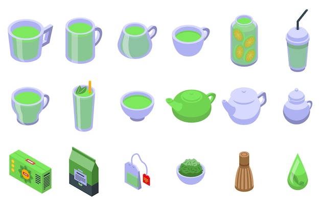 Vector green tea icons set isometric vector cup glass