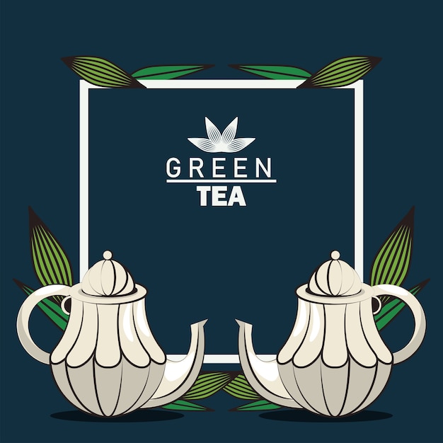 Плакат с надписью зеленый чай с чайниками в квадратной рамке