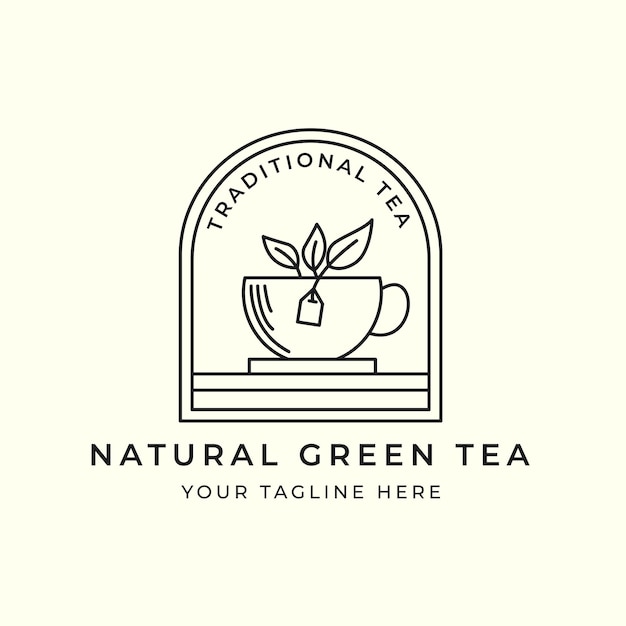 Arte della linea del tè verde con disegno dell'illustrazione del modello vettoriale del logo in stile emblema concetto di icona del tè e della tazza