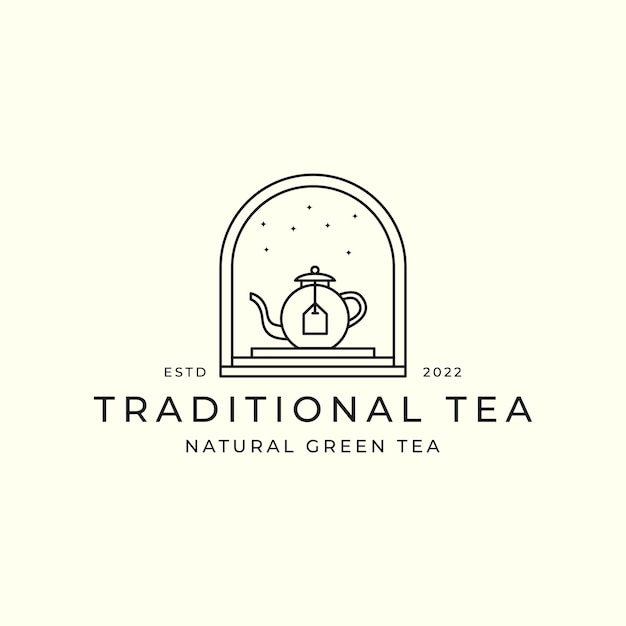 Green tea line art with emblem style logo vector template illustration design tea and teapot icon concept