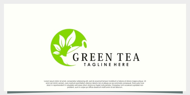 葉とティーポットの創造的なコンセプトを持つ緑茶のロゴデザイン