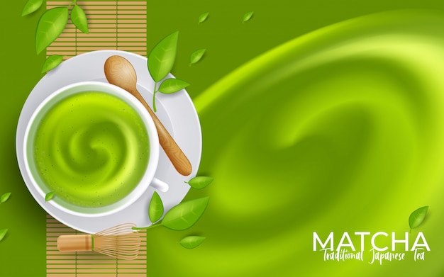 Vector green tea matcha latte cup with copyspace. illustration