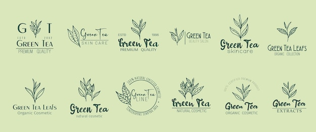 Green tea minimal emblem natural organic cosmetics Vector set of serene leafy labels embodying purity and essence of nature enhancing the allure of ecofriendly beauty skincare product or extracts