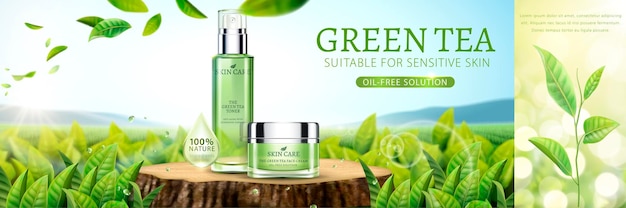 Green tea skin care banner   with tea garden