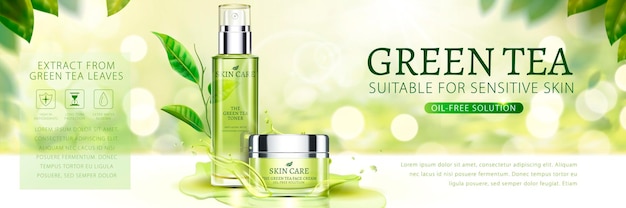 Green tea skin care banner   with tea garden