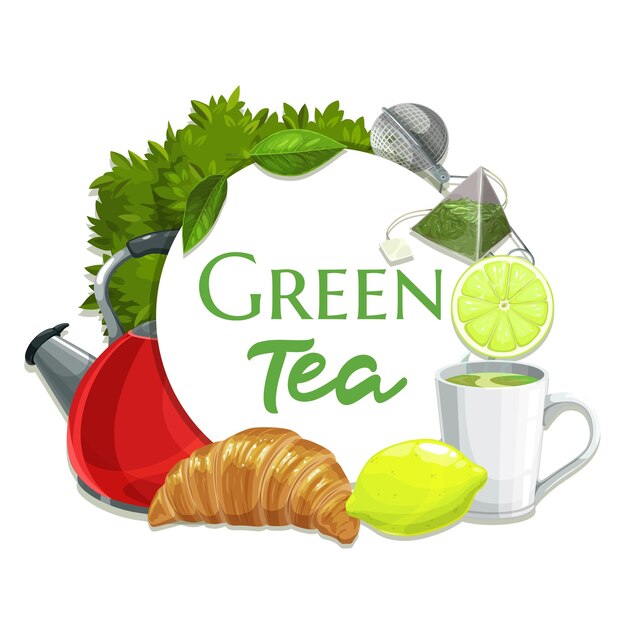 Green tea vector banner hot beverage round frame