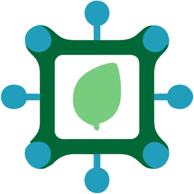 Green technology line icon with microchip icon colored shapes