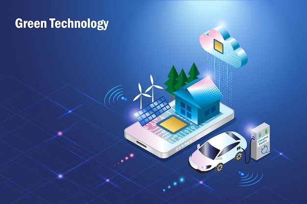 Green technologyEnvironmentally friendly solar roof house wind turbine on smartphone with cloud computing and EV car at charging station Alternative energy for sustainable ecology to save world