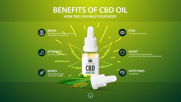 Зеленый шаблон с белой бутылкой медицинского масла CBD, зеленый шаблон с инфографикой о пользе для здоровья CBD от каннабиса, конопли, марихуаны