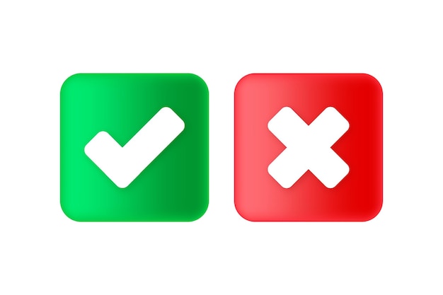 Vector green tick check mark and cross mark symbols icon element in square in 3d checkmark