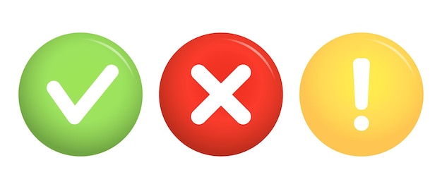 Segno di spunta verde, icona della croce rossa e segnale di avvertimento giallo segni di spunta isolati segni dell'elenco di controllo