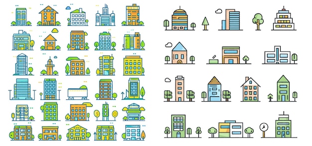 Green town icon city buildings and real estate symbols vector set